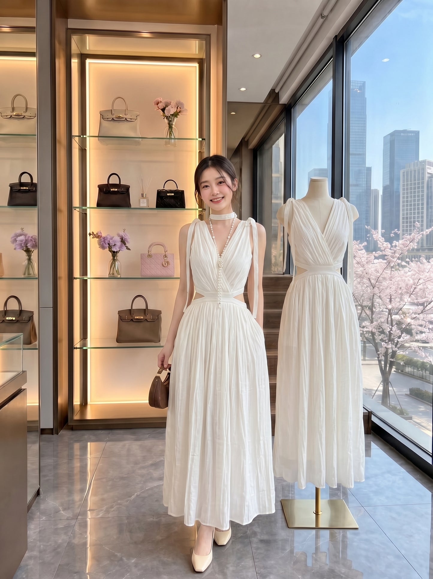 Pleated Cut-Out V-Neck Maxi Dress with Choker