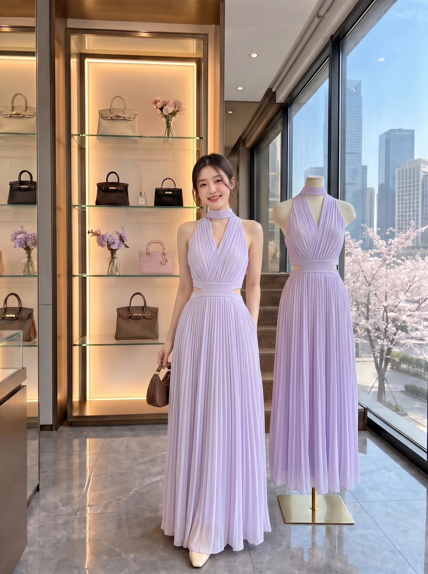 Pleated Cut-Out V-Neck Maxi Dress with Choker