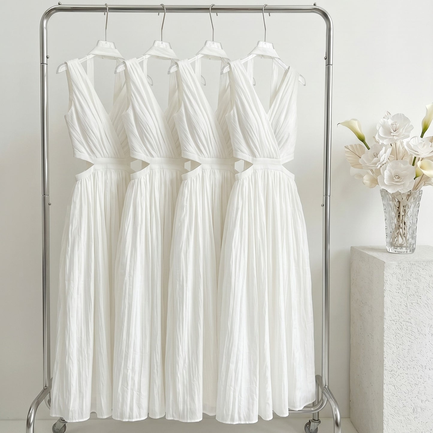 Pleated Cut-Out V-Neck Maxi Dress with Choker