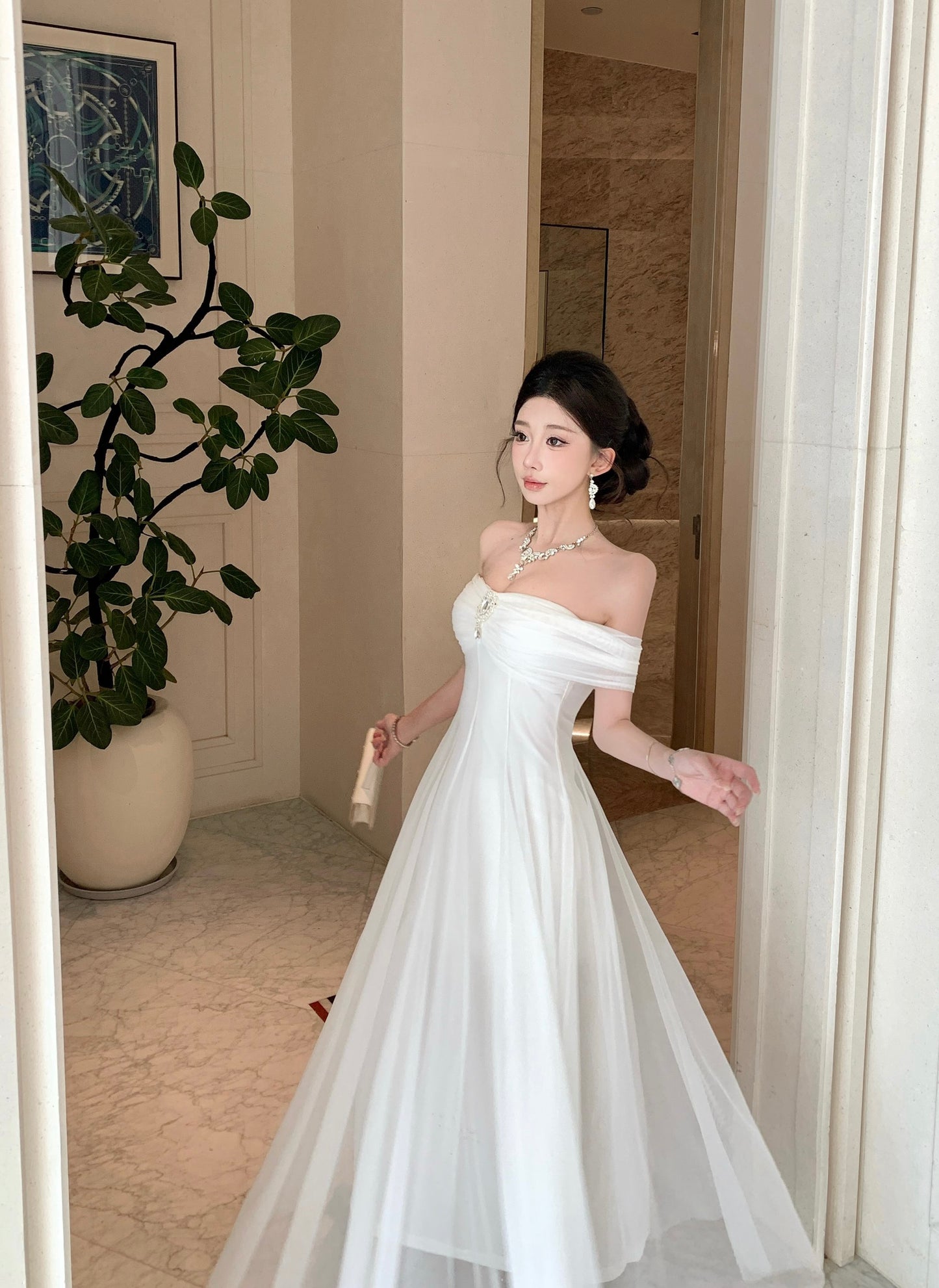 White Off-the Shoulder Evening Gown