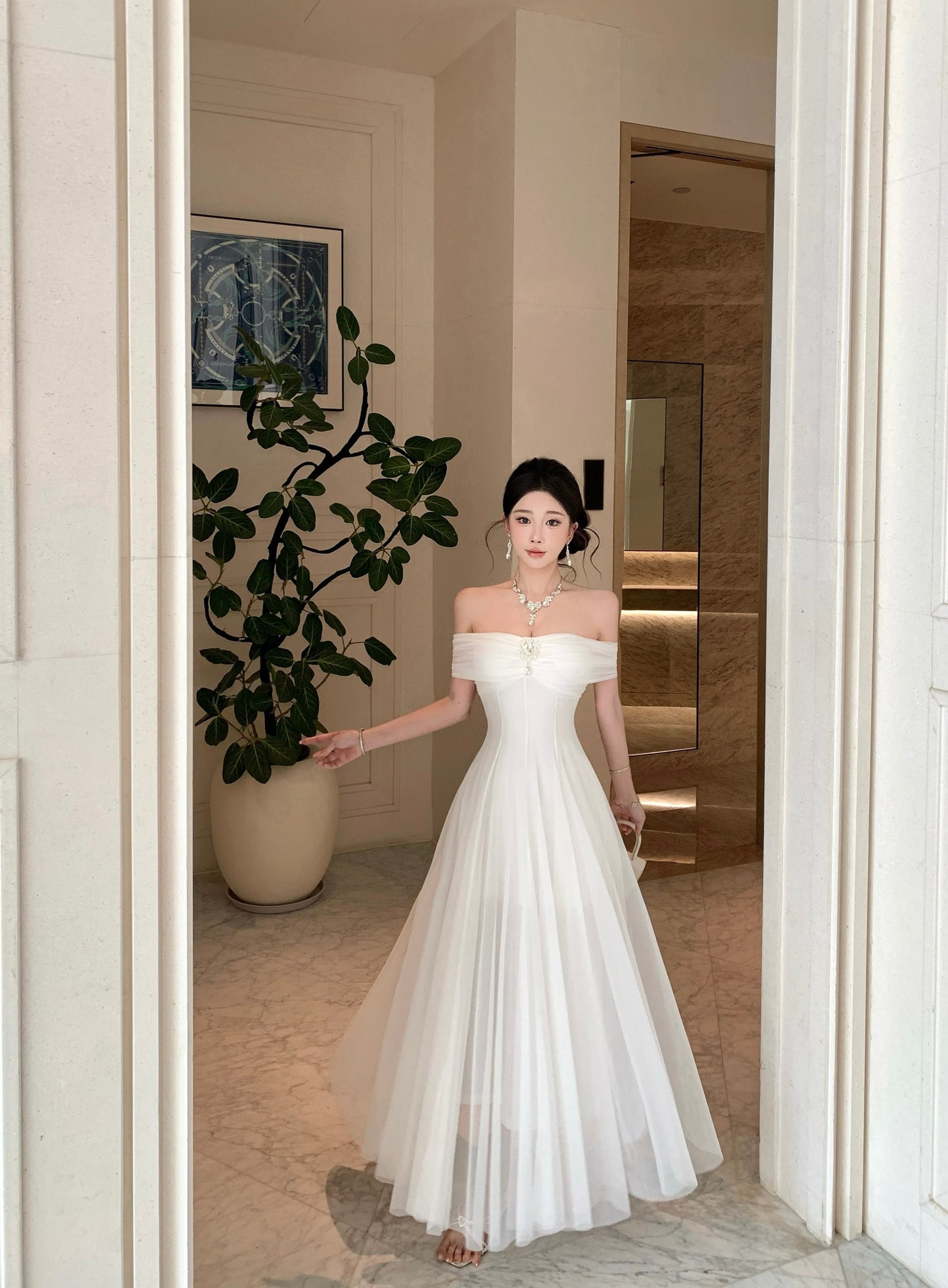 White Off-the Shoulder Evening Gown