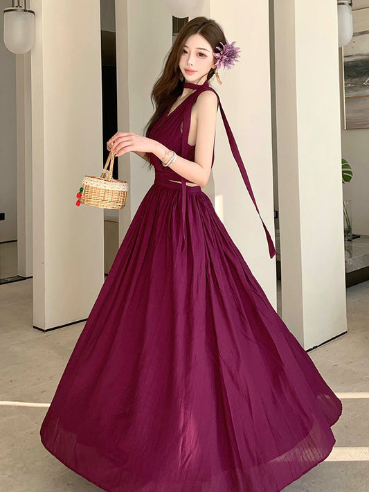Deep Wine Cut-Out Pleated Summer Maxi