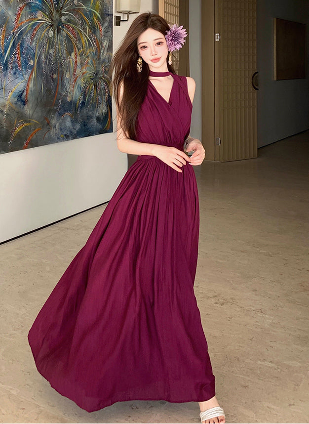 Deep Wine Cut-Out Pleated Summer Maxi