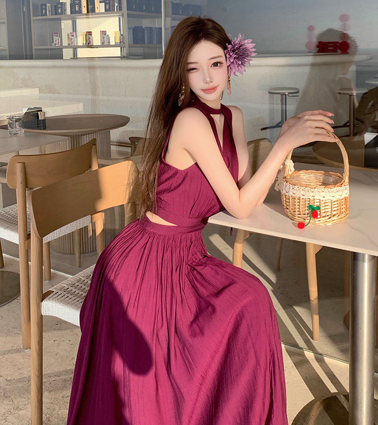 Deep Wine Cut-Out Pleated Summer Maxi