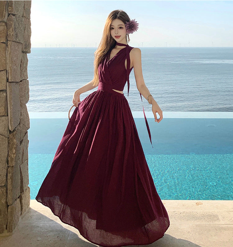 Deep Wine Cut-Out Pleated Summer Maxi