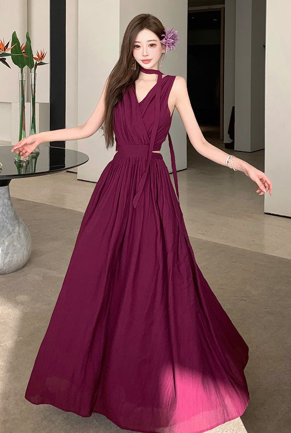 Deep Wine Cut-Out Pleated Summer Maxi