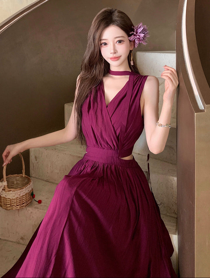 Deep Wine Cut-Out Pleated Summer Maxi