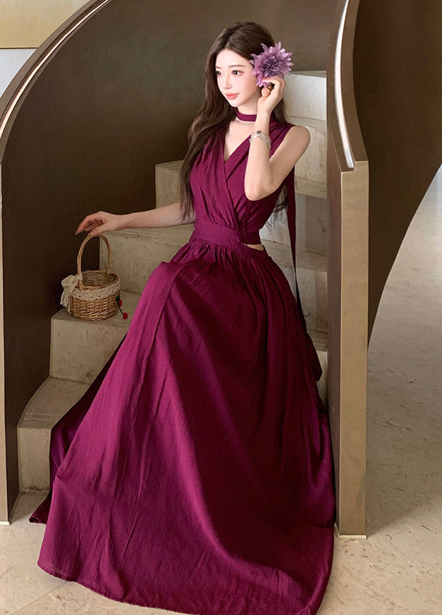 Deep Wine Cut-Out Pleated Summer Maxi
