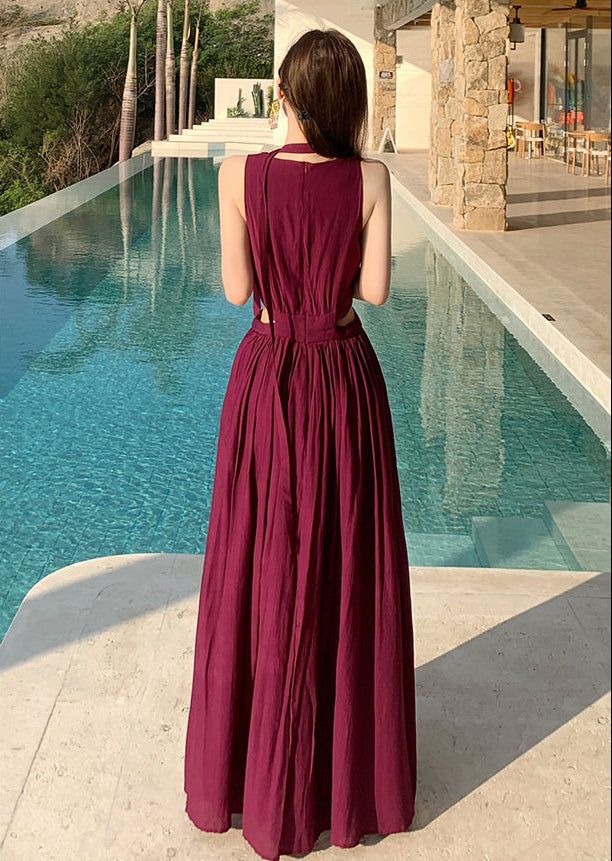Deep Wine Cut-Out Pleated Summer Maxi