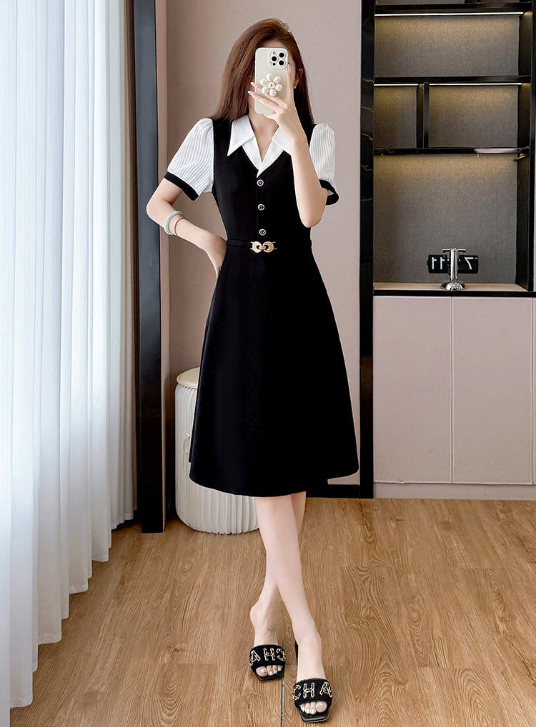Plus Size French Retro Dress-Black And White Contrast Sleeve Fit And Flare Midi