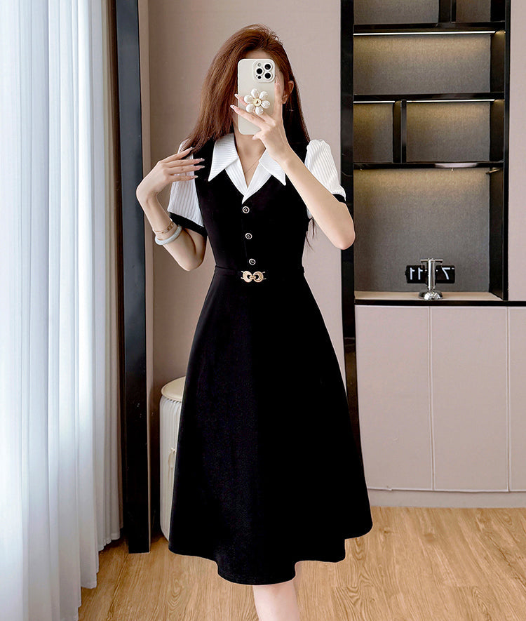 Plus Size French Retro Dress-Black And White Contrast Sleeve Fit And Flare Midi