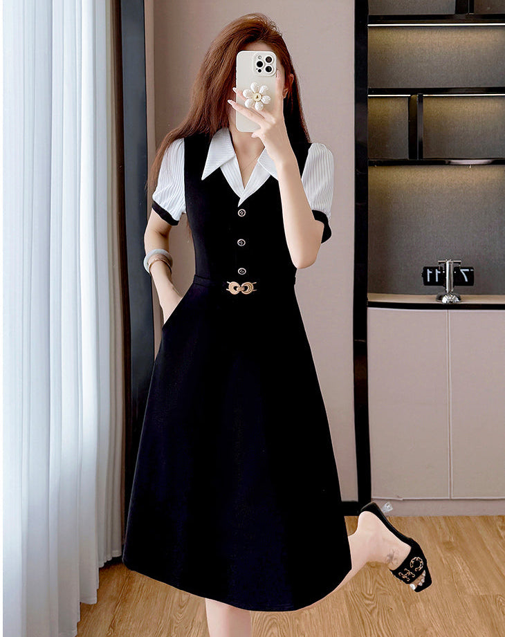 Plus Size French Retro Dress-Black And White Contrast Sleeve Fit And Flare Midi