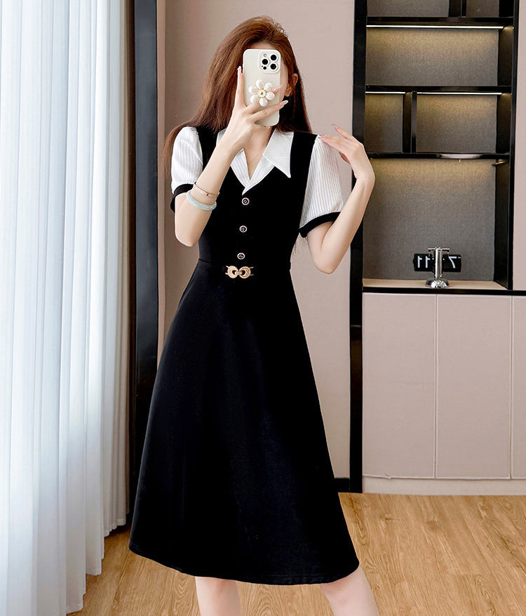 Plus Size French Retro Dress-Black And White Contrast Sleeve Fit And Flare Midi