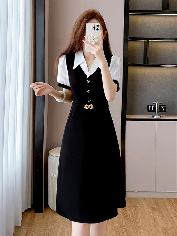 Plus Size French Retro Dress-Black And White Contrast Sleeve Fit And Flare Midi