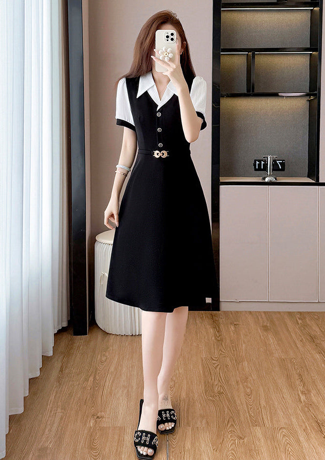 Plus Size French Retro Dress-Black And White Contrast Sleeve Fit And Flare Midi