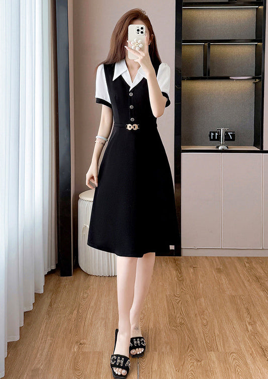 Plus Size French Retro Dress-Black And White Contrast Sleeve Fit And Flare Midi