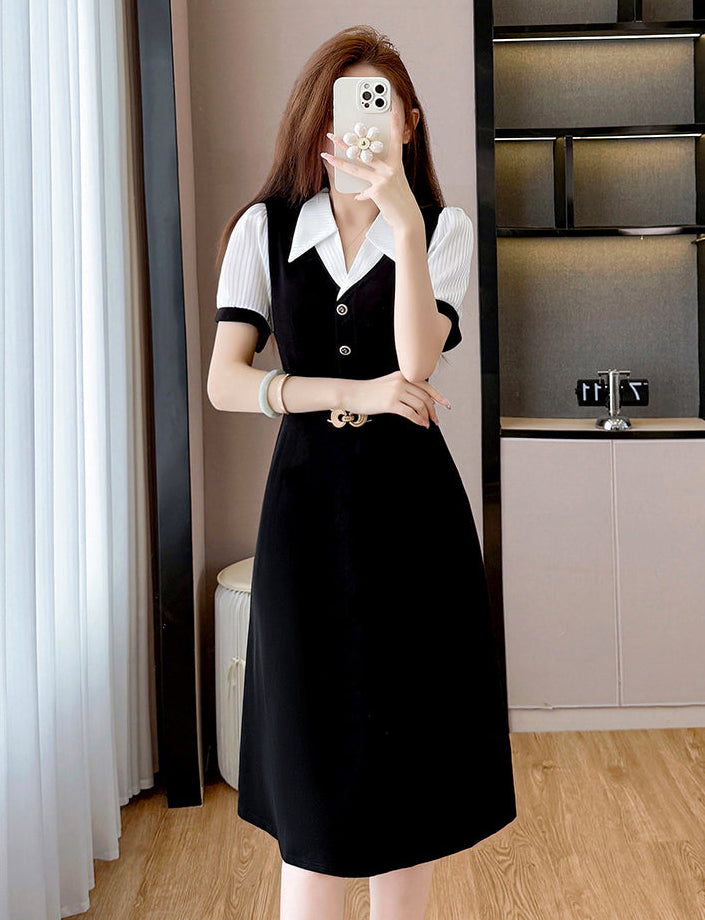 Plus Size French Retro Dress-Black And White Contrast Sleeve Fit And Flare Midi
