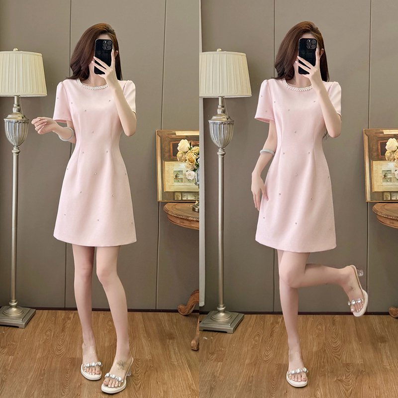 Plus Size Pearl-Neckline A-Line Dress In Rose Pink