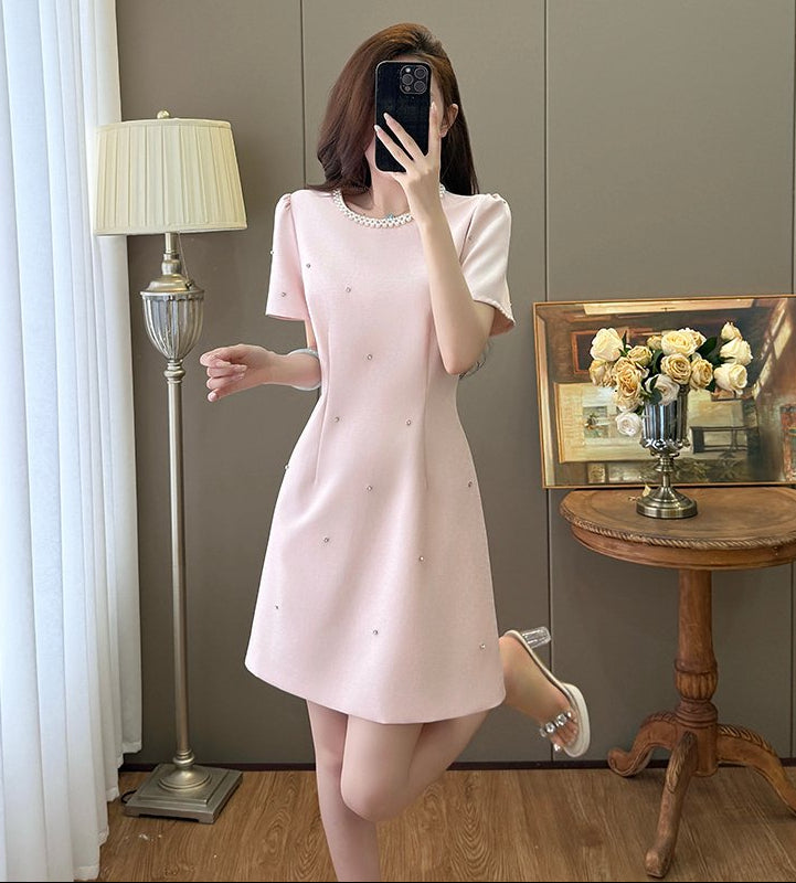 Plus Size Pearl-Neckline A-Line Dress In Rose Pink