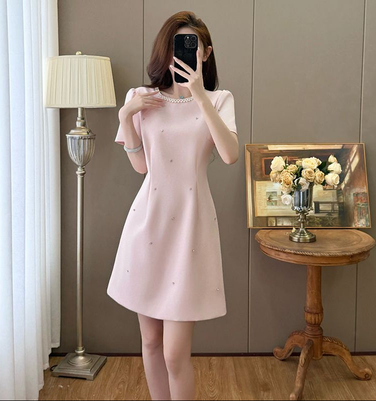 Plus Size Pearl-Neckline A-Line Dress In Rose Pink