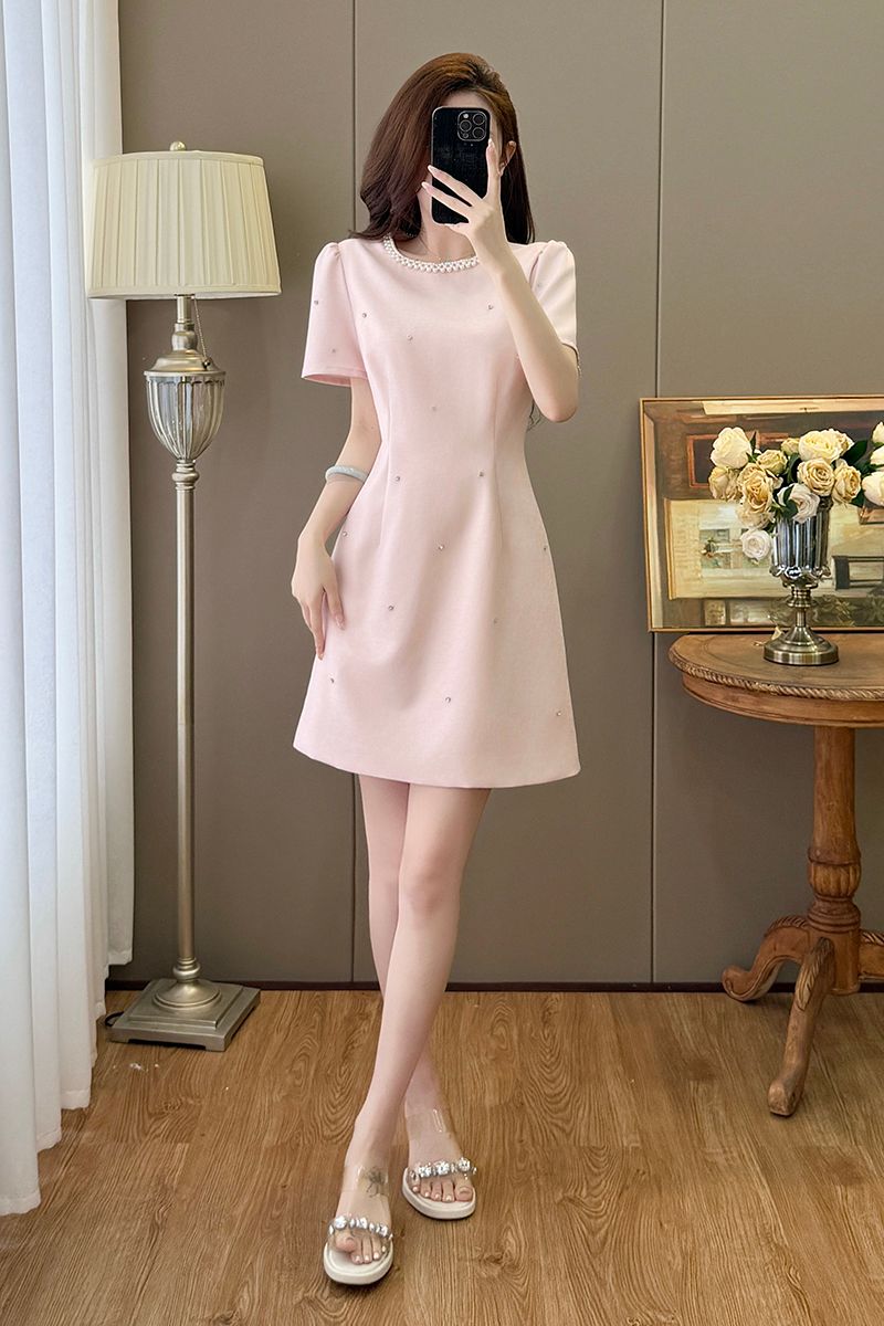 Plus Size Pearl-Neckline A-Line Dress In Rose Pink