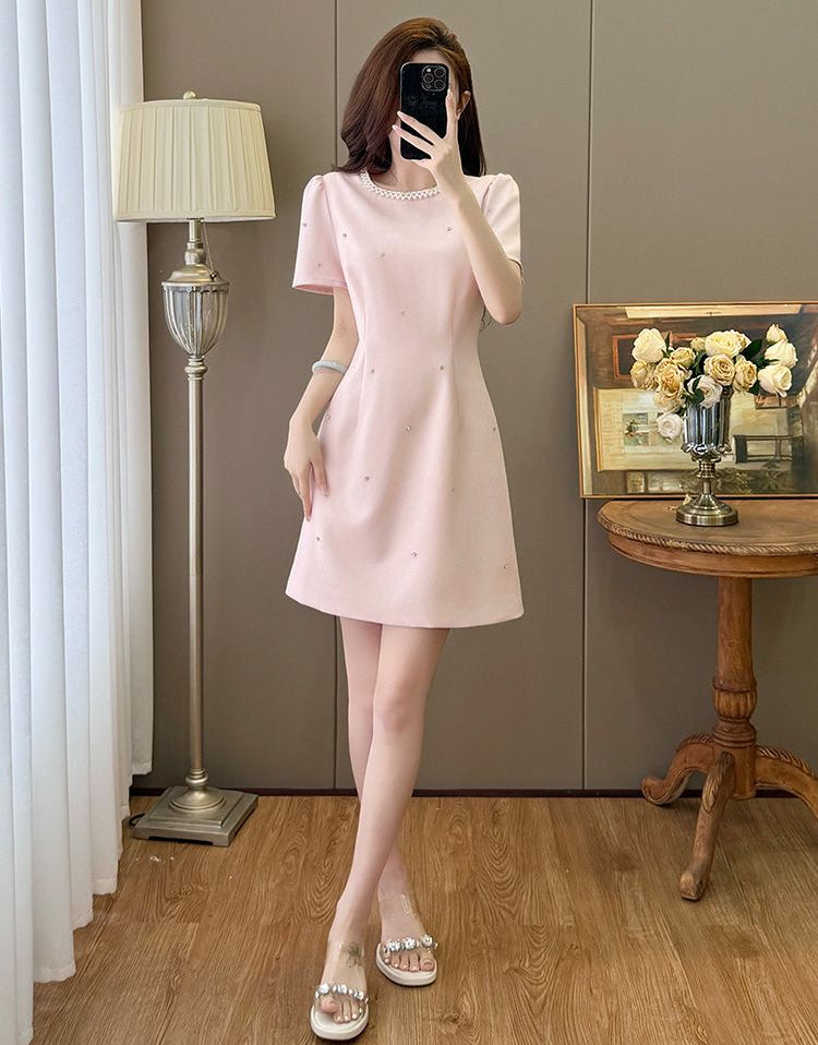 Plus Size Pearl-Neckline A-Line Dress In Rose Pink