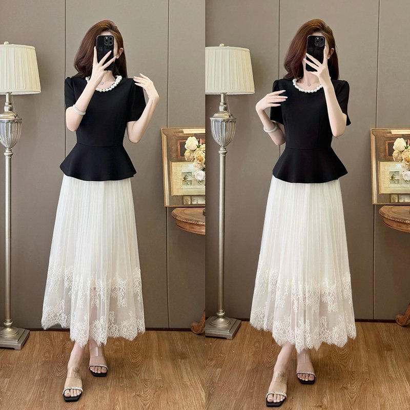 Grace Peplum  & Lace Pleated Maxi Set - Elegant  Two-Piece Plus Size