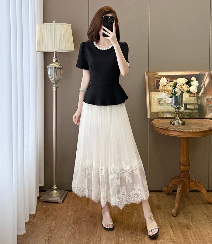 Grace Peplum  & Lace Pleated Maxi Set - Elegant  Two-Piece Plus Size