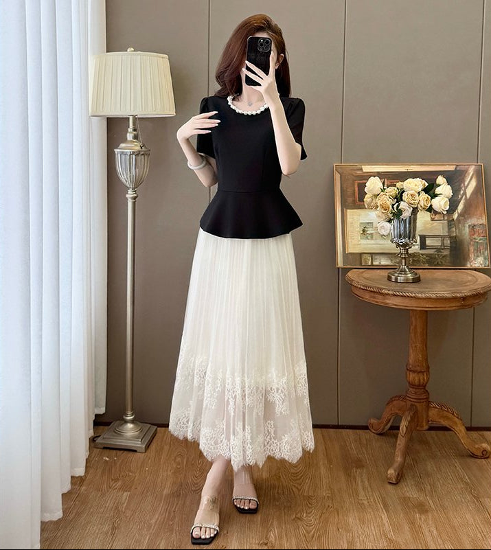 Grace Peplum  & Lace Pleated Maxi Set - Elegant  Two-Piece Plus Size