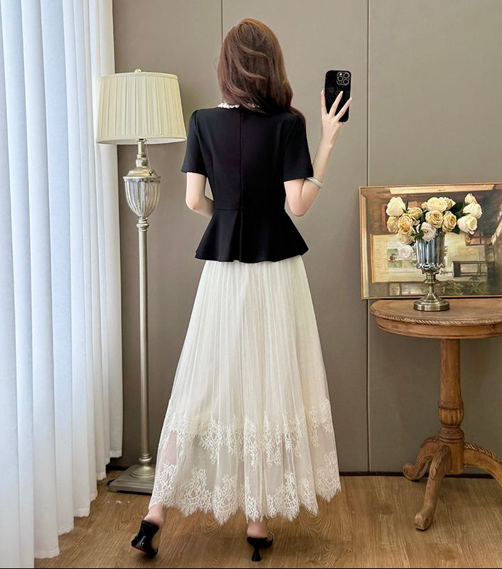 Grace Peplum  & Lace Pleated Maxi Set - Elegant  Two-Piece Plus Size