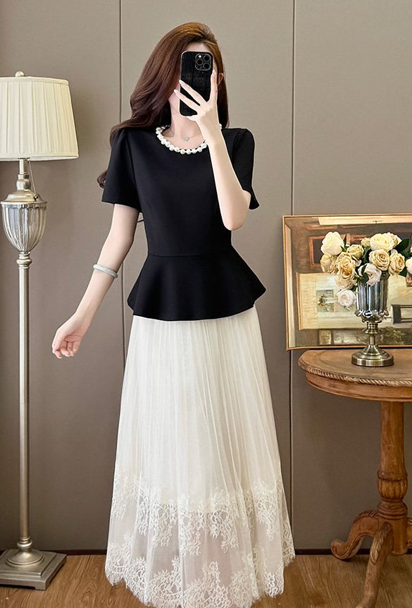 Grace Peplum  & Lace Pleated Maxi Set - Elegant  Two-Piece Plus Size