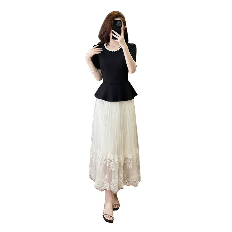 Grace Peplum  & Lace Pleated Maxi Set - Elegant  Two-Piece Plus Size