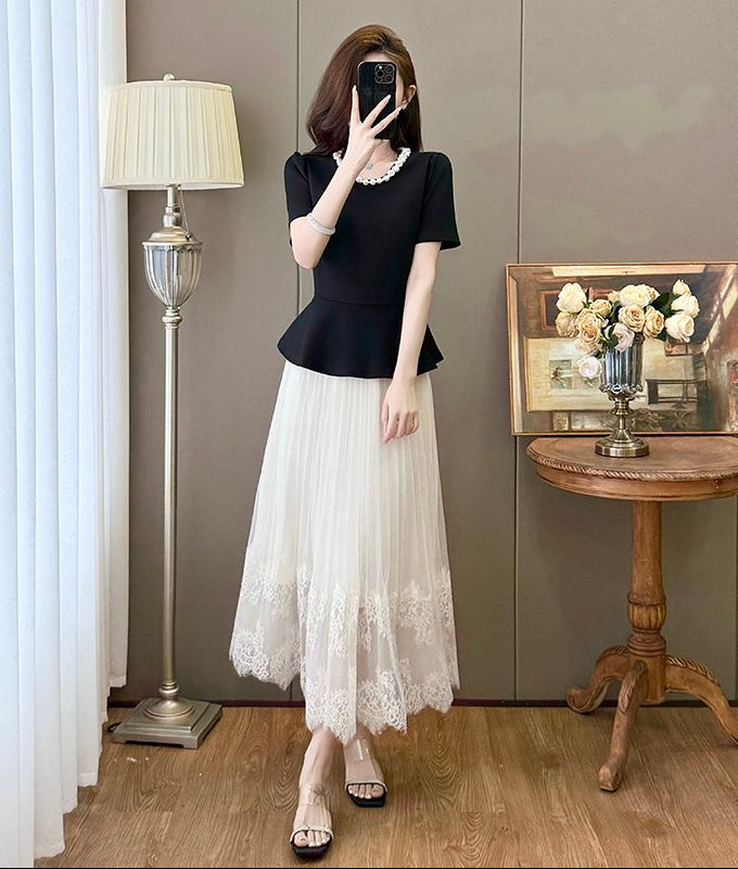Grace Peplum  & Lace Pleated Maxi Set - Elegant  Two-Piece Plus Size