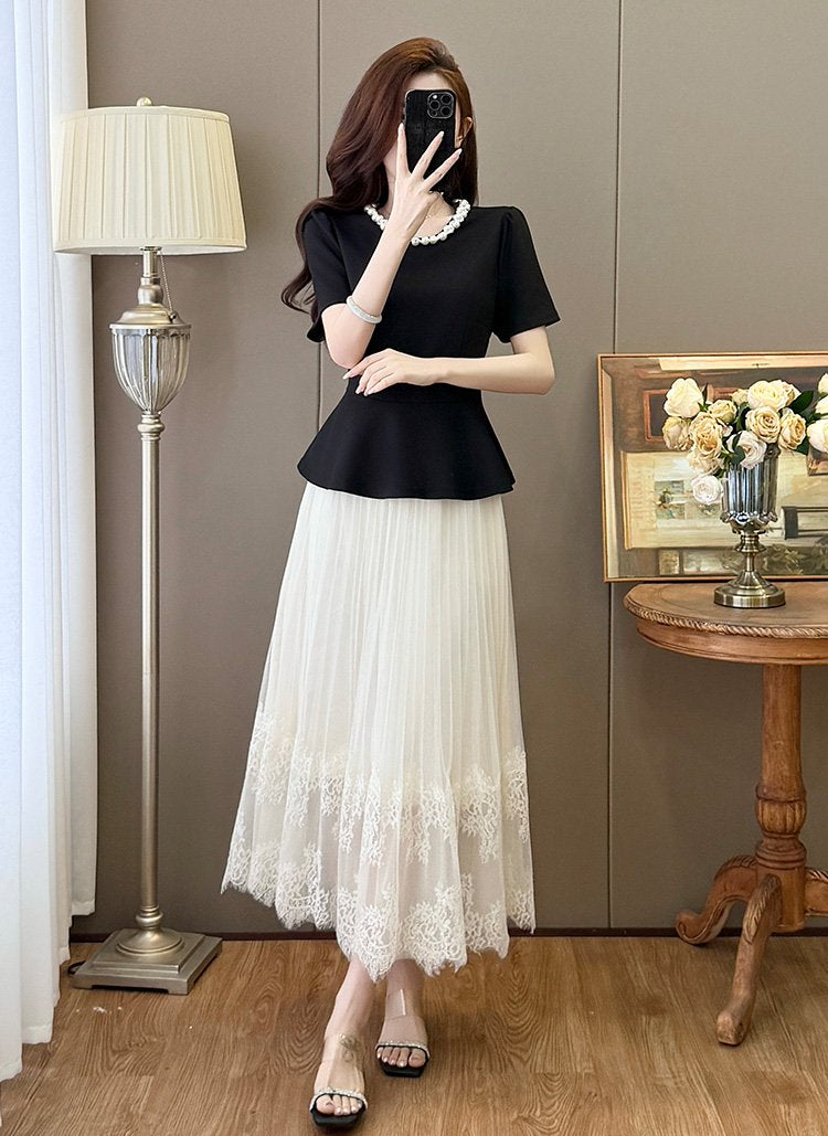 Grace Peplum  & Lace Pleated Maxi Set - Elegant  Two-Piece Plus Size