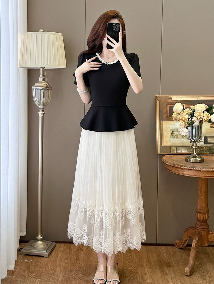 Grace Peplum  & Lace Pleated Maxi Set - Elegant  Two-Piece Plus Size