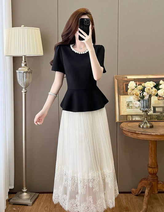 Grace Peplum  & Lace Pleated Maxi Set - Elegant  Two-Piece Plus Size