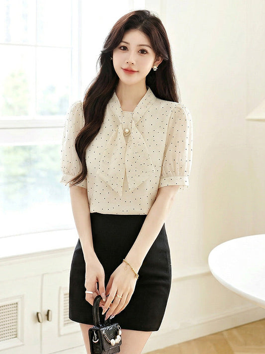Polka Dot Tie -Neck Puff Sleeve Blouse With Pearl Detail