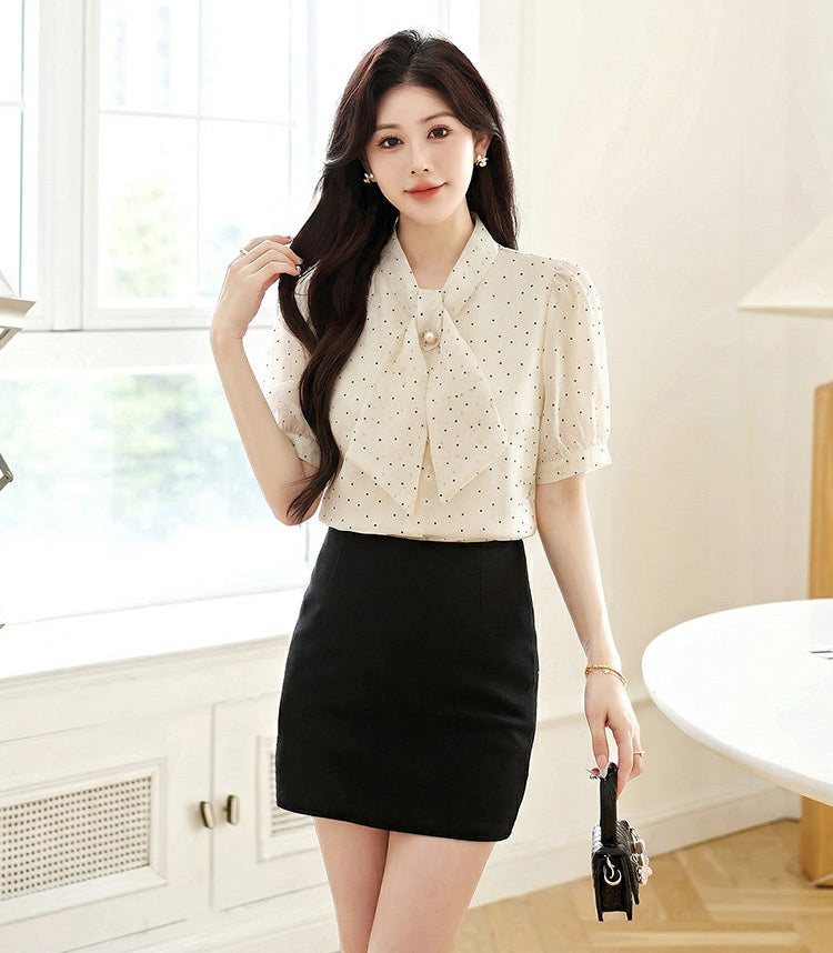 Polka Dot Tie -Neck Puff Sleeve Blouse With Pearl Detail