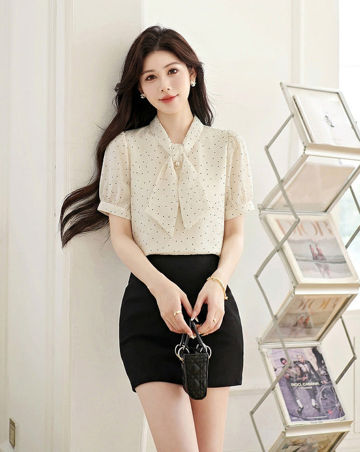 Polka Dot Tie -Neck Puff Sleeve Blouse With Pearl Detail