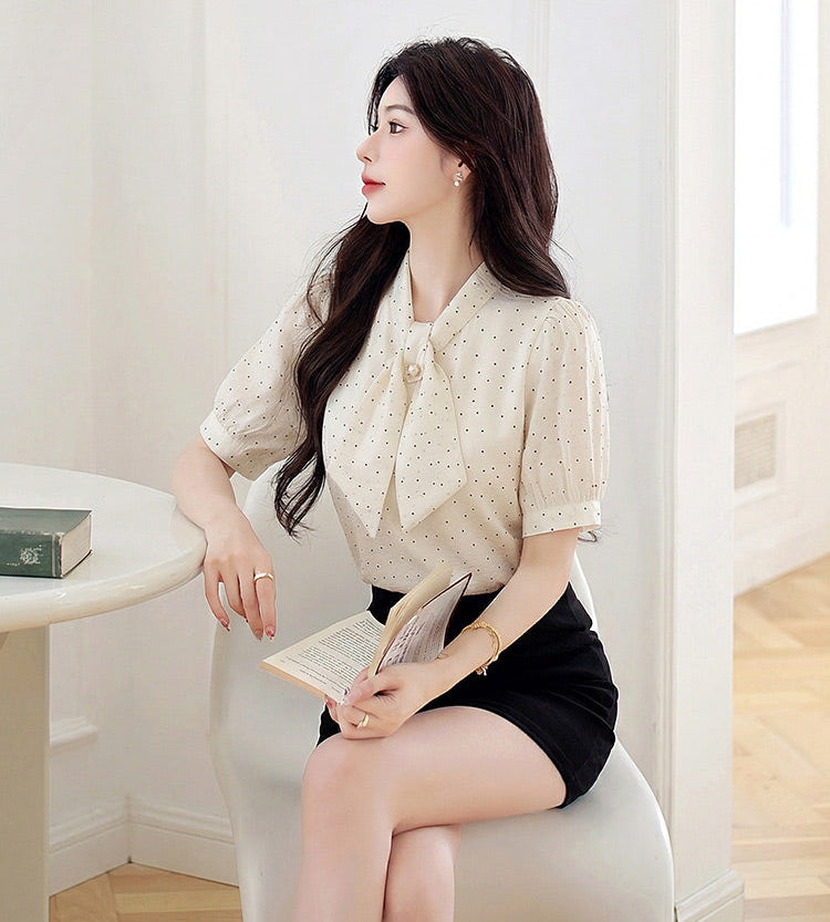Polka Dot Tie -Neck Puff Sleeve Blouse With Pearl Detail