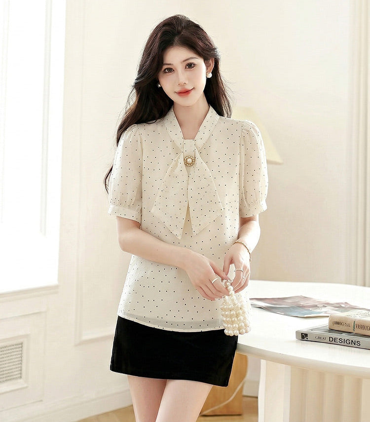 Polka Dot Tie -Neck Puff Sleeve Blouse With Pearl Detail