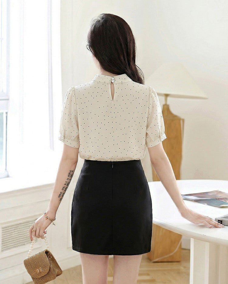 Polka Dot Tie -Neck Puff Sleeve Blouse With Pearl Detail
