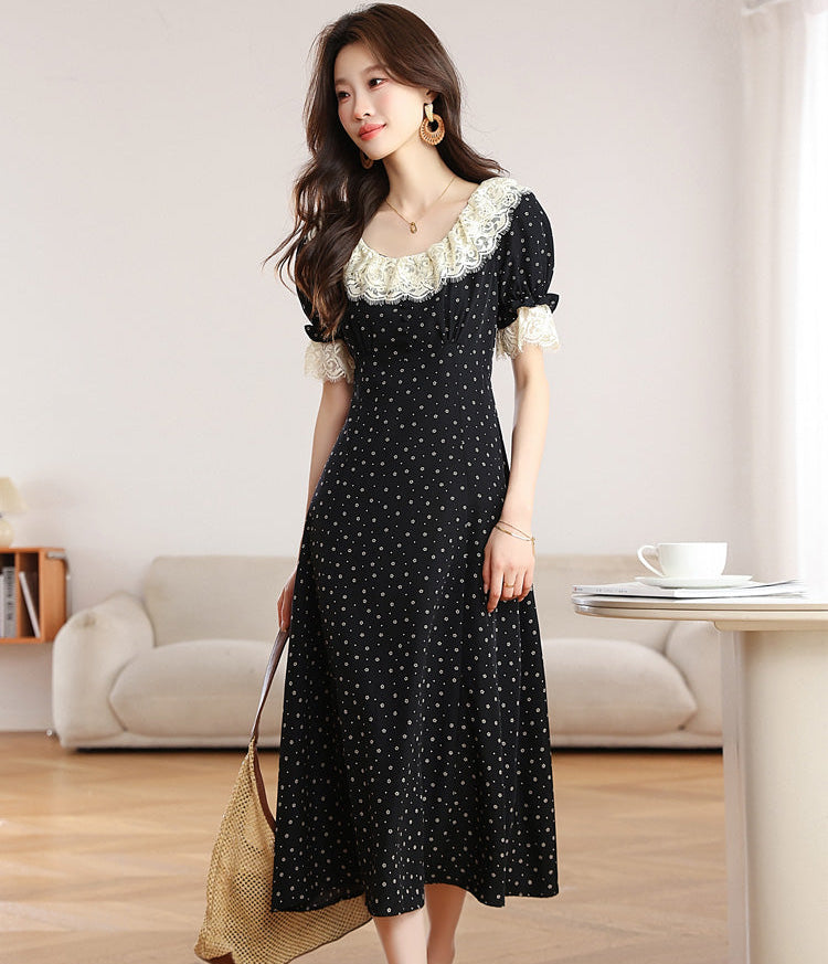 Vintage Polka Dot Midi Dress With Scalloped Lace Collar