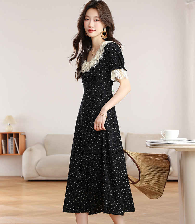 Vintage Polka Dot Midi Dress With Scalloped Lace Collar
