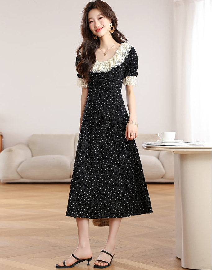 Vintage Polka Dot Midi Dress With Scalloped Lace Collar