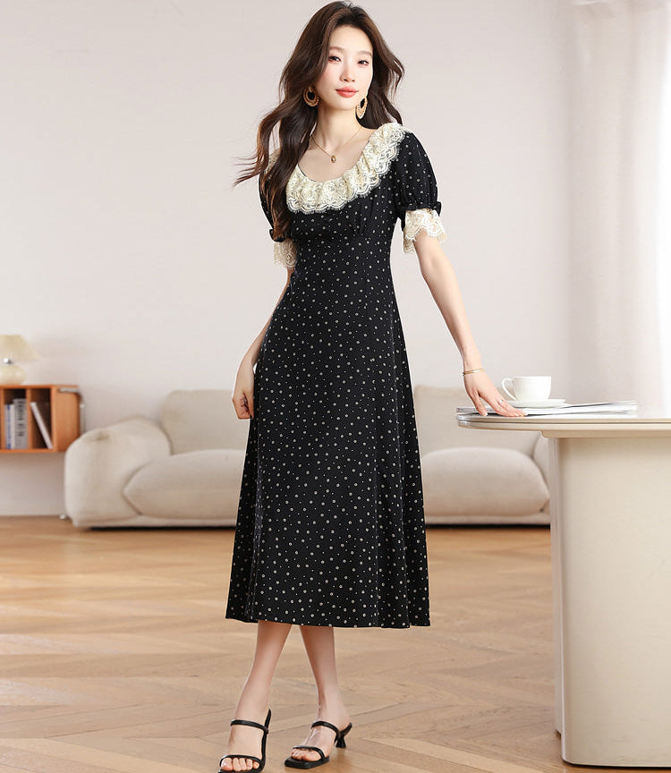 Vintage Polka Dot Midi Dress With Scalloped Lace Collar