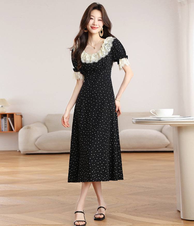 Vintage Polka Dot Midi Dress With Scalloped Lace Collar