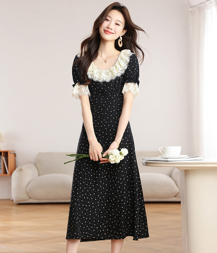 Vintage Polka Dot Midi Dress With Scalloped Lace Collar