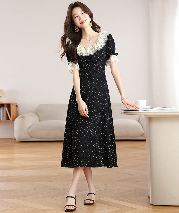 Vintage Polka Dot Midi Dress With Scalloped Lace Collar