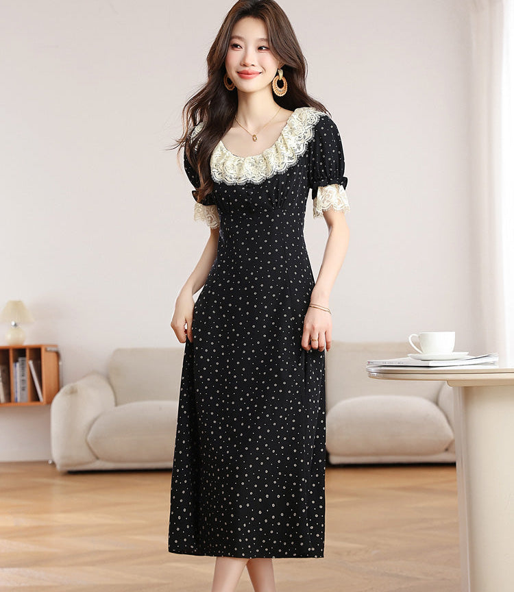 Vintage Polka Dot Midi Dress With Scalloped Lace Collar